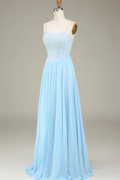 Sky Blue A-Line Espaghetti Correias Chiffon Vestido Longo Madrinha Com Missangas