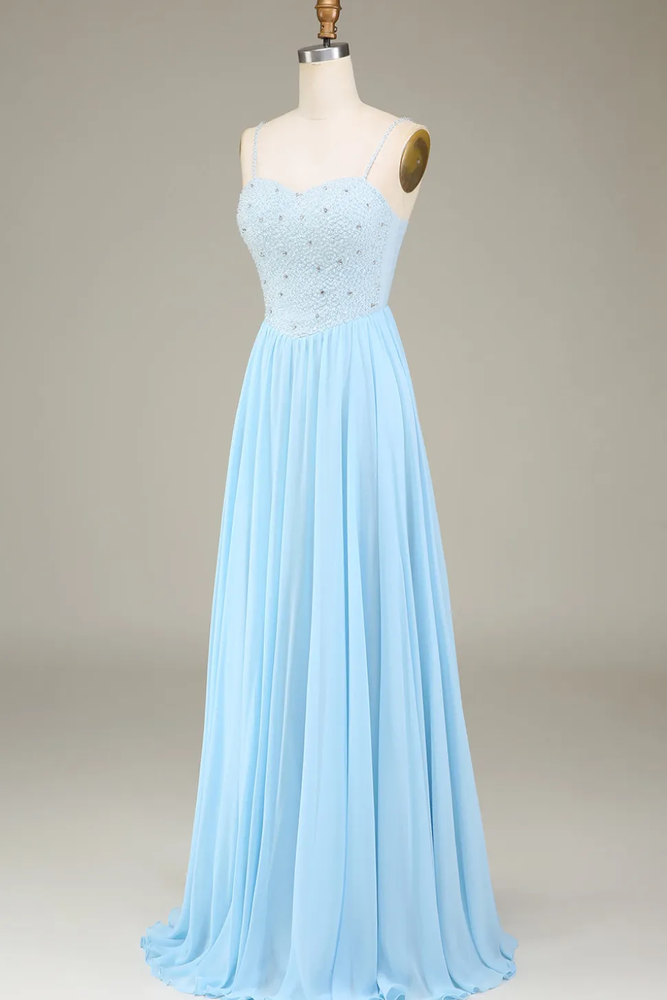 Sky Blue A-Line Espaghetti Correias Chiffon Vestido Longo Madrinha Com Missangas