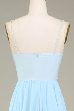 Sky Blue A-Line Espaghetti Correias Chiffon Vestido Longo Madrinha Com Missangas