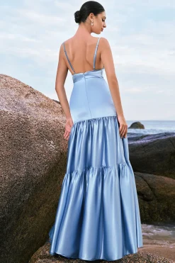 Sky Blue A-Line Esparguete Correias Backless Cetim Long Vestido Madrinha