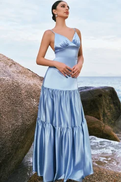 Sky Blue A-Line Esparguete Correias Backless Cetim Long Vestido Madrinha