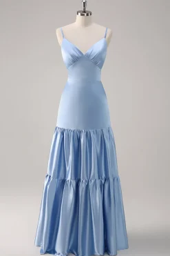 Sky Blue A-Line Esparguete Correias Backless Cetim Long Vestido Madrinha