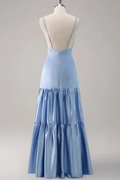 Sky Blue A-Line Esparguete Correias Backless Cetim Long Vestido Madrinha