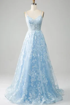 Sky Blue A-Line Esparguete Correias Laço Longo Corset Prom Dress