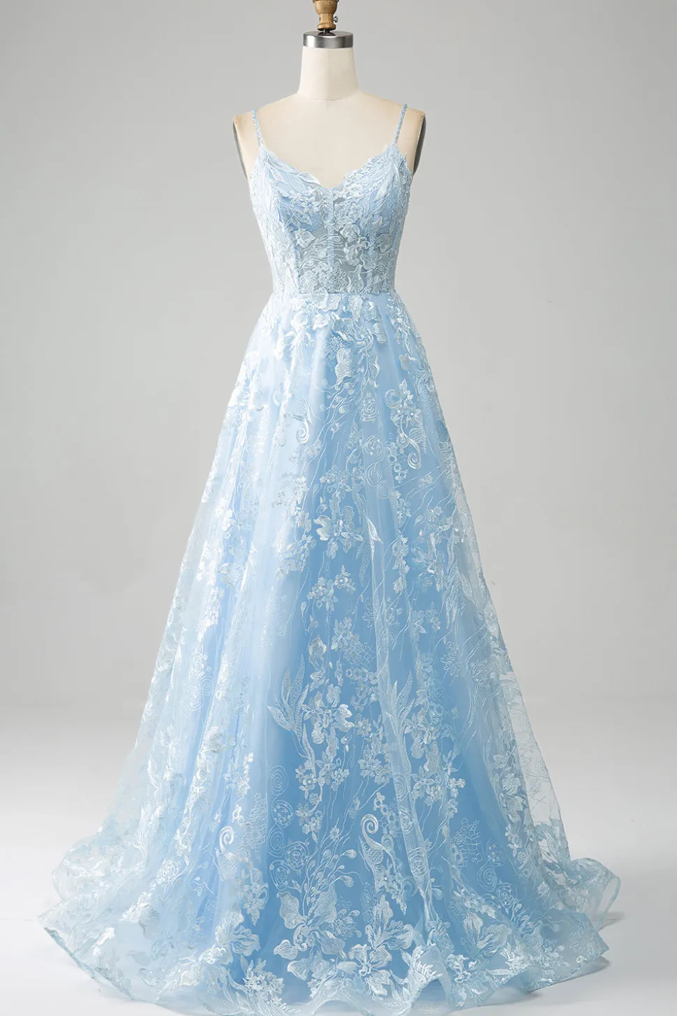 Sky Blue A-Line Esparguete Correias Laço Longo Corset Prom Dress