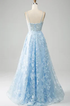 Sky Blue A-Line Esparguete Correias Laço Longo Corset Prom Dress