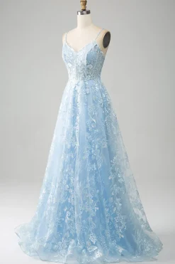 Sky Blue A-Line Esparguete Correias Laço Longo Corset Prom Dress