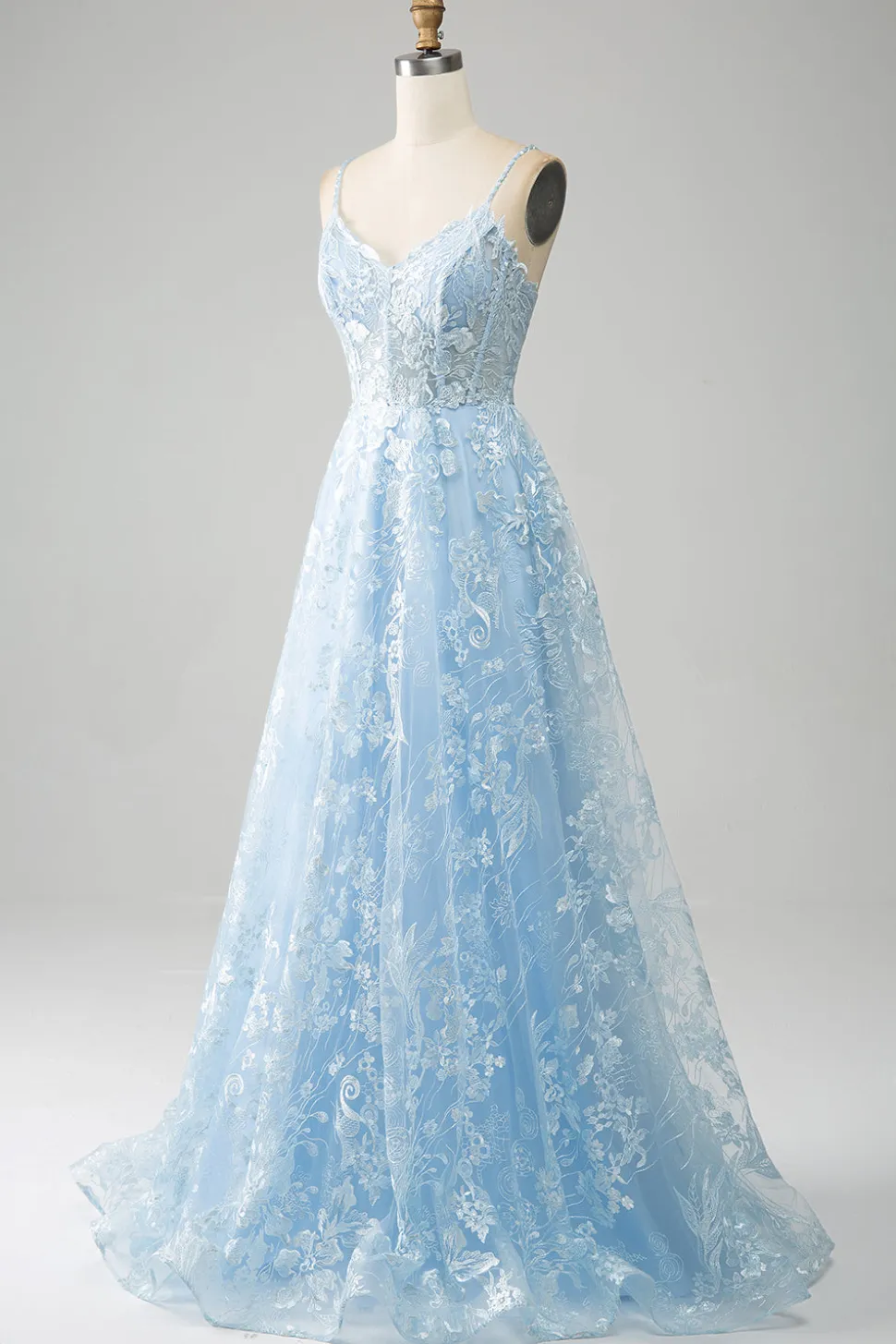 Sky Blue A-Line Esparguete Correias Laço Longo Corset Prom Dress