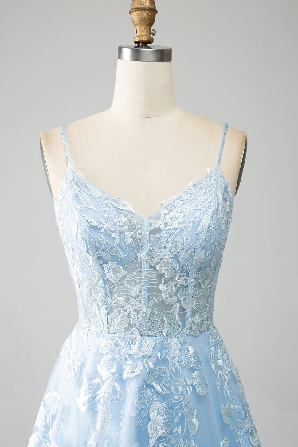 Sky Blue A-Line Esparguete Correias Laço Longo Corset Prom Dress