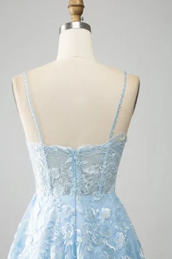 Sky Blue A-Line Esparguete Correias Laço Longo Corset Prom Dress