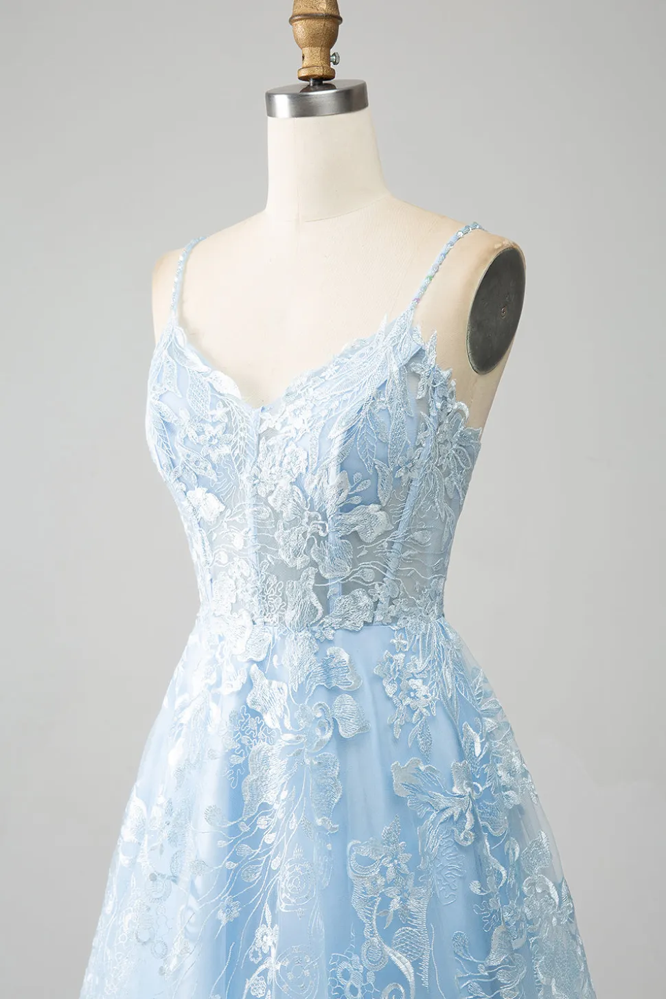 Sky Blue A-Line Esparguete Correias Laço Longo Corset Prom Dress