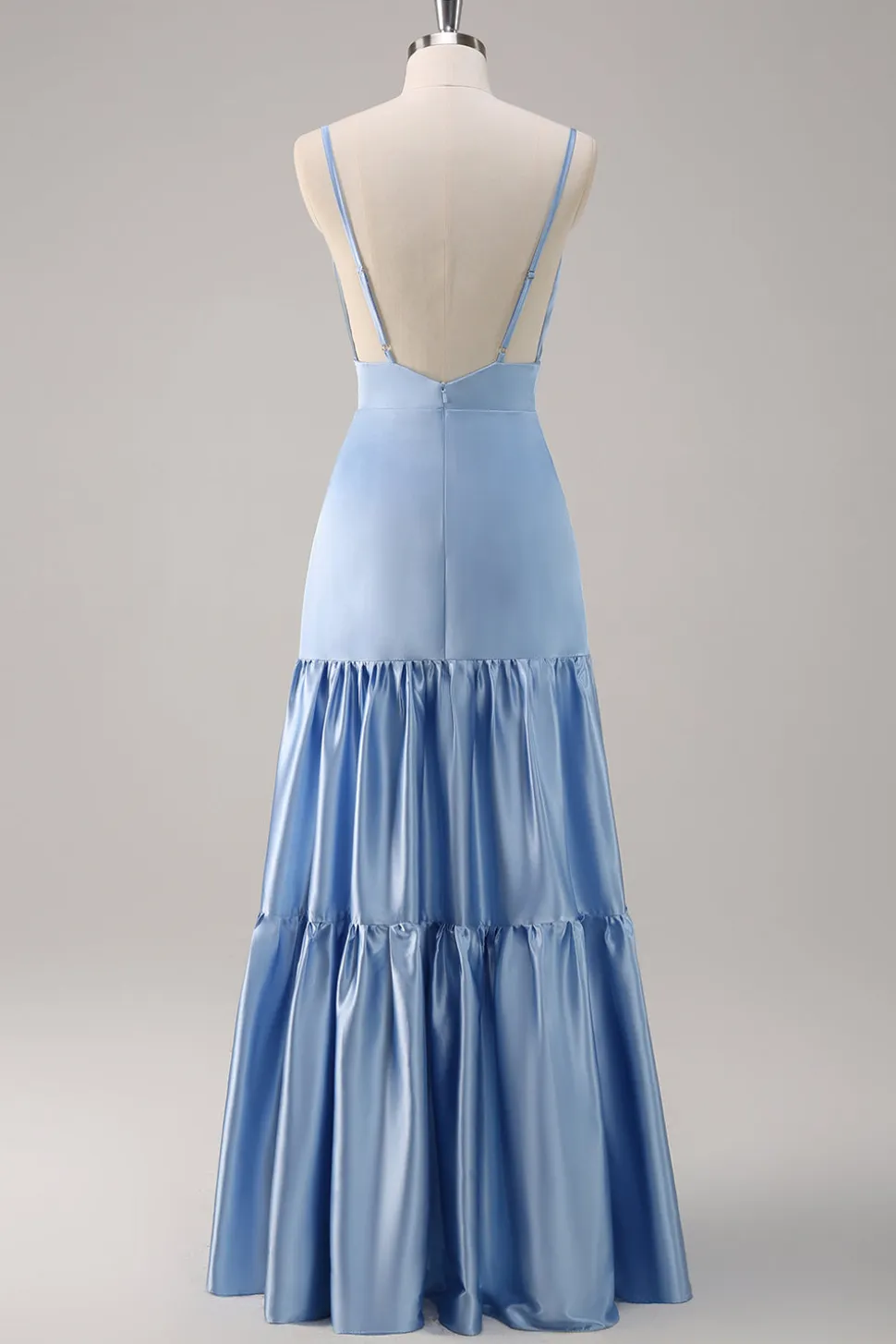 Sky Blue A-Line Esparguete Correias Cetim Long Vestido Madrinha