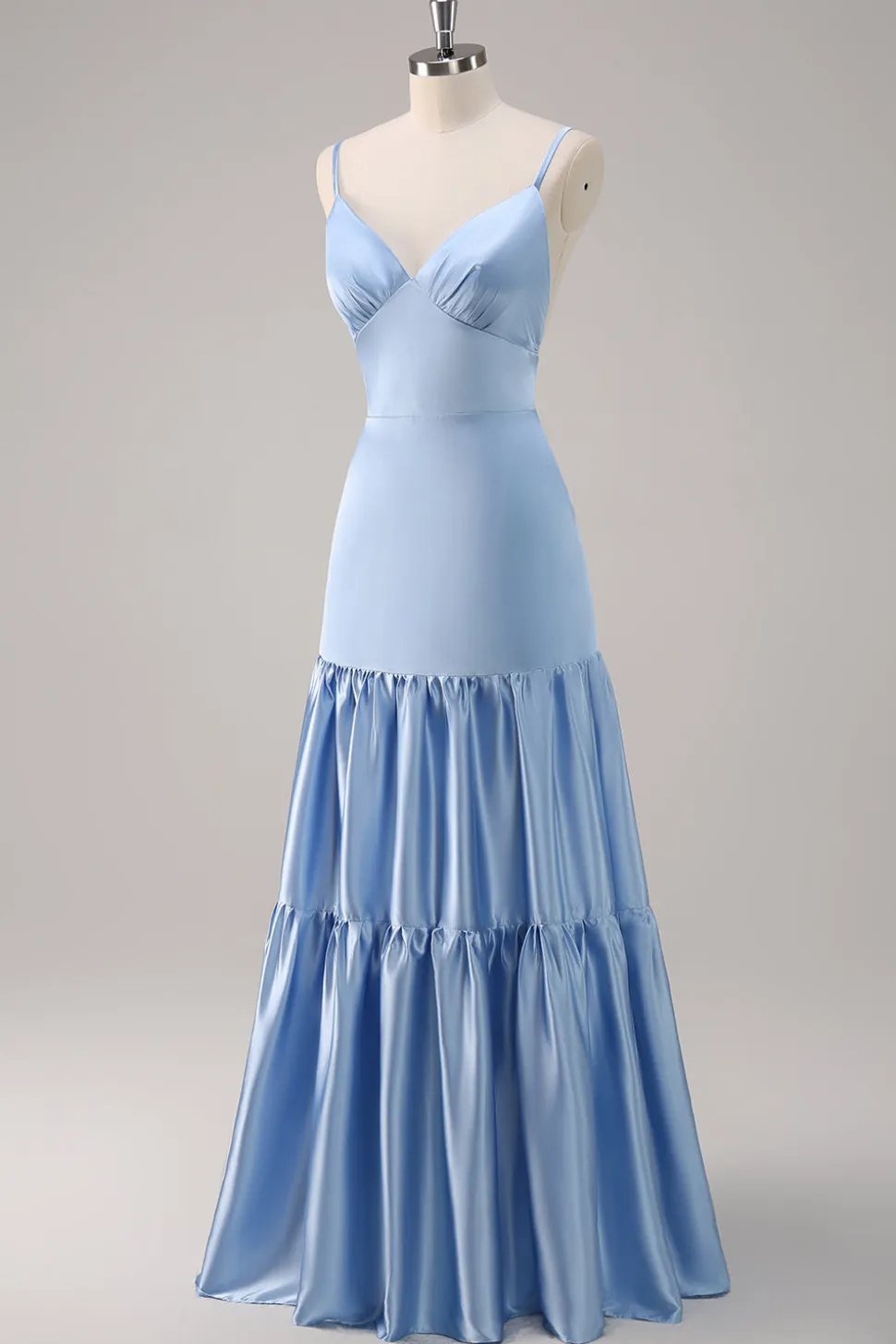 Sky Blue A-Line Esparguete Correias Cetim Long Vestido Madrinha