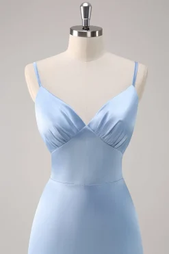Sky Blue A-Line Esparguete Correias Cetim Long Vestido Madrinha