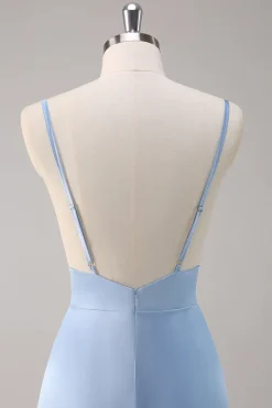 Sky Blue A-Line Esparguete Correias Cetim Long Vestido Madrinha