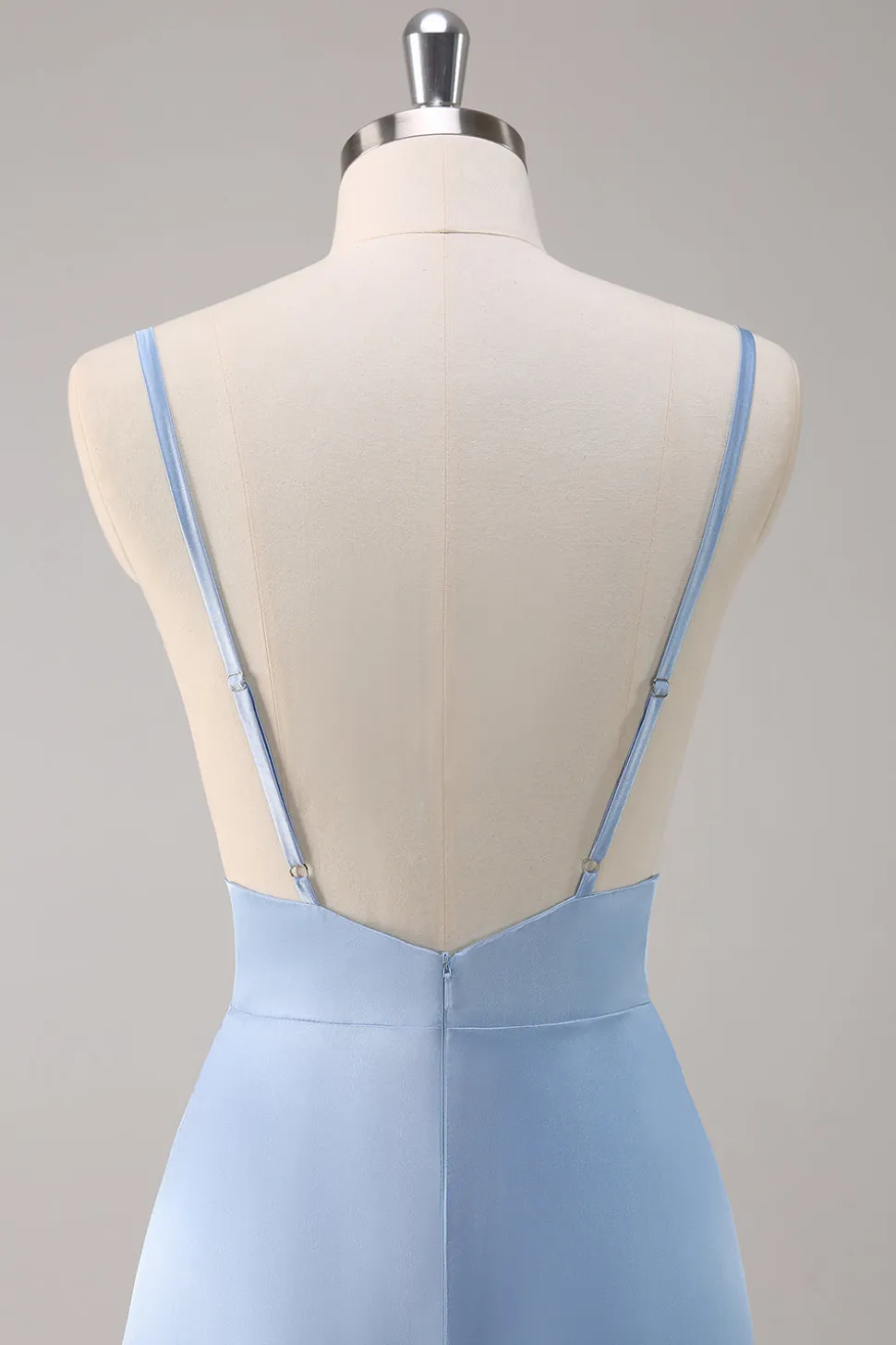 Sky Blue A-Line Esparguete Correias Cetim Long Vestido Madrinha