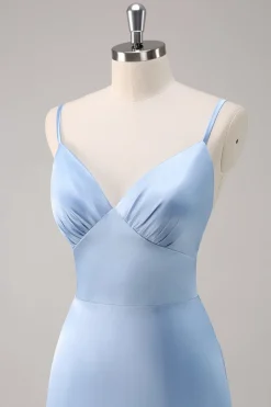 Sky Blue A-Line Esparguete Correias Cetim Long Vestido Madrinha