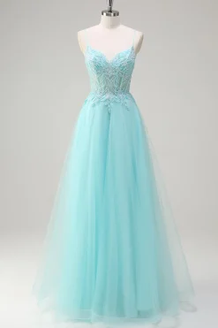 Sky Blue Espaghetti Correias Frisado A-Line Prom Dress com Appliques