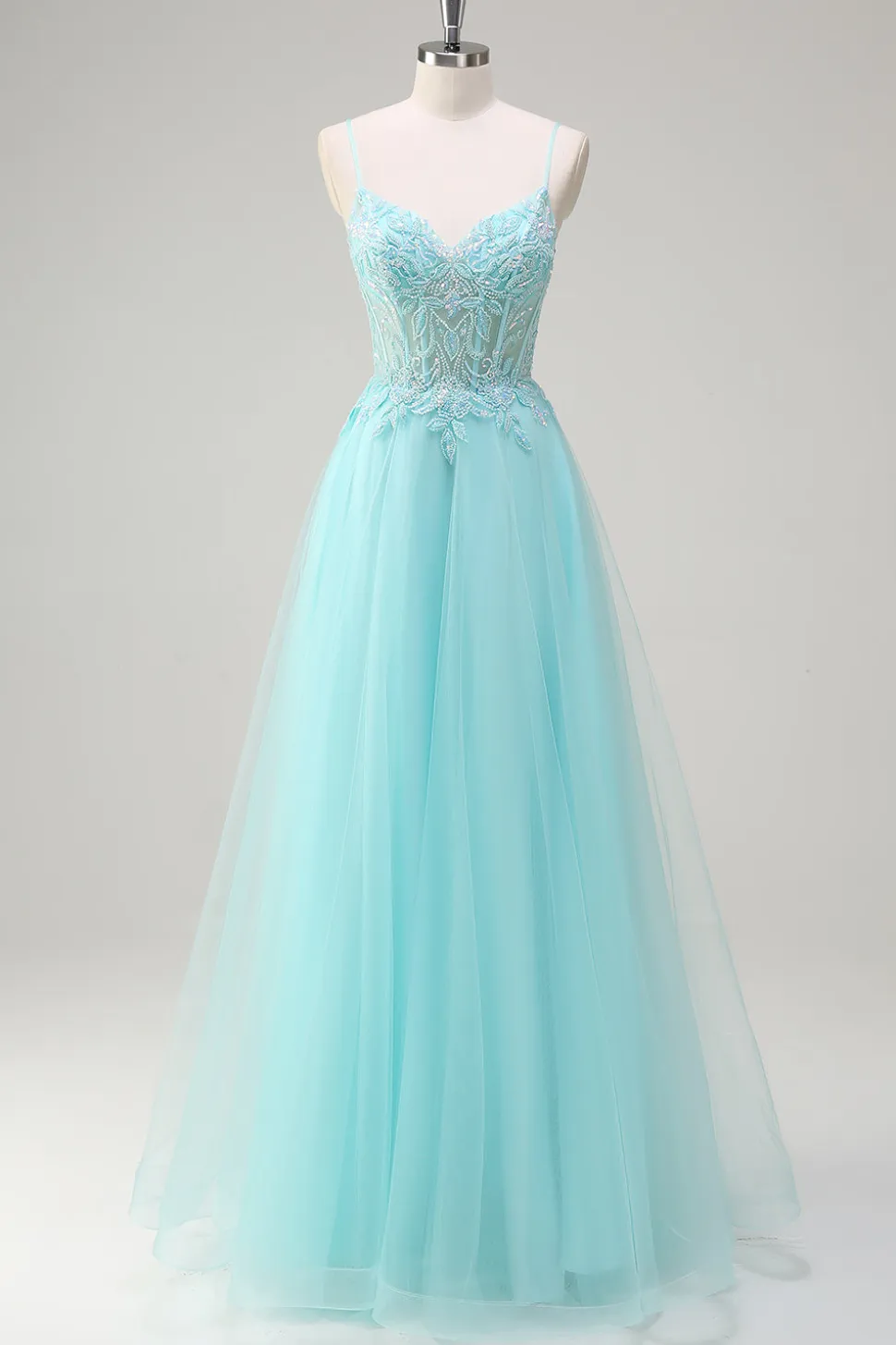 Sky Blue Espaghetti Correias Frisado A-Line Prom Dress com Appliques