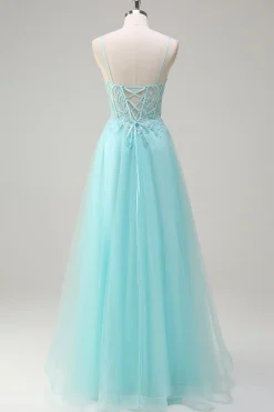 Sky Blue Espaghetti Correias Frisado A-Line Prom Dress com Appliques