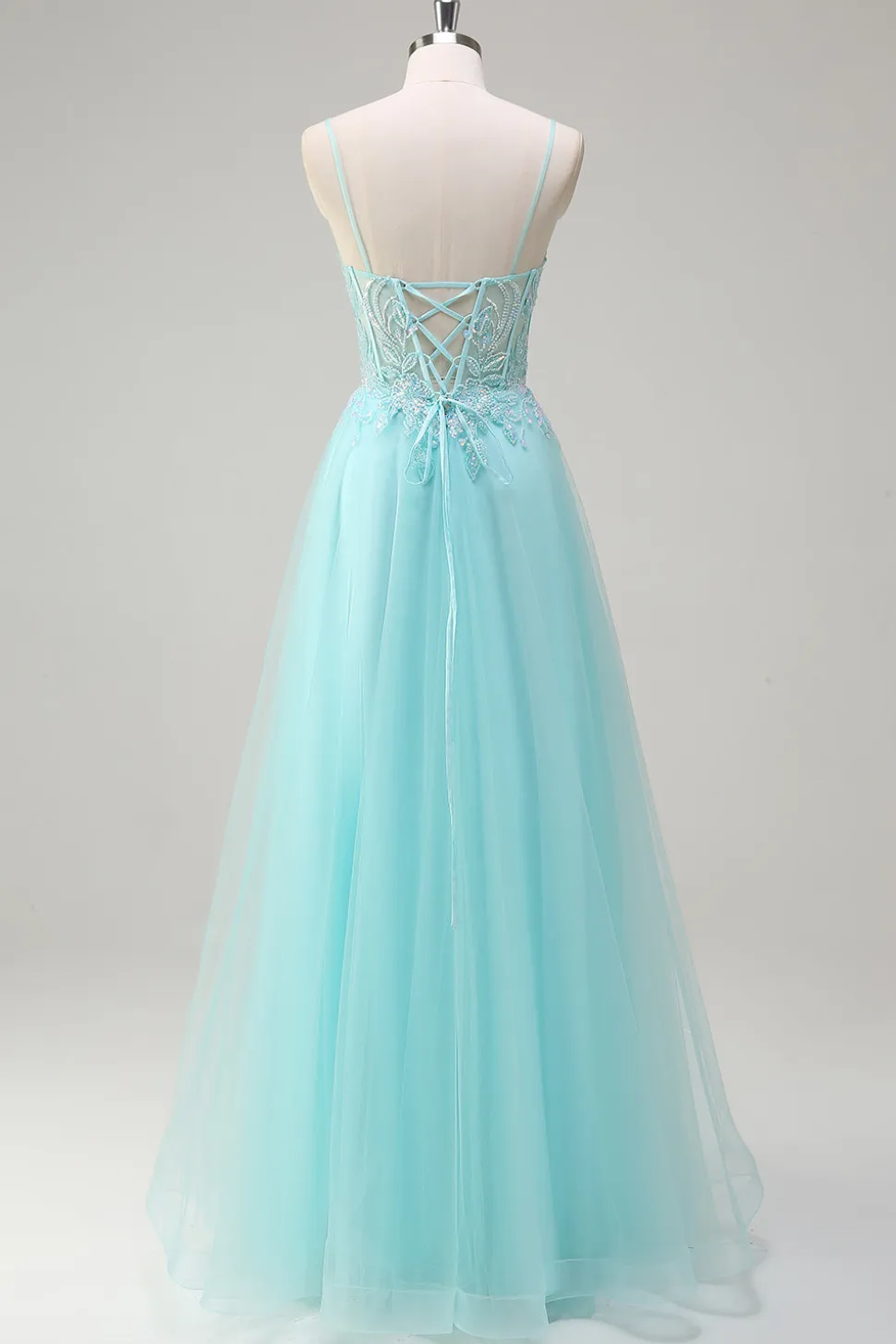 Sky Blue Espaghetti Correias Frisado A-Line Prom Dress com Appliques