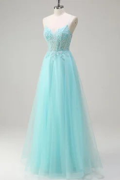 Sky Blue Espaghetti Correias Frisado A-Line Prom Dress com Appliques
