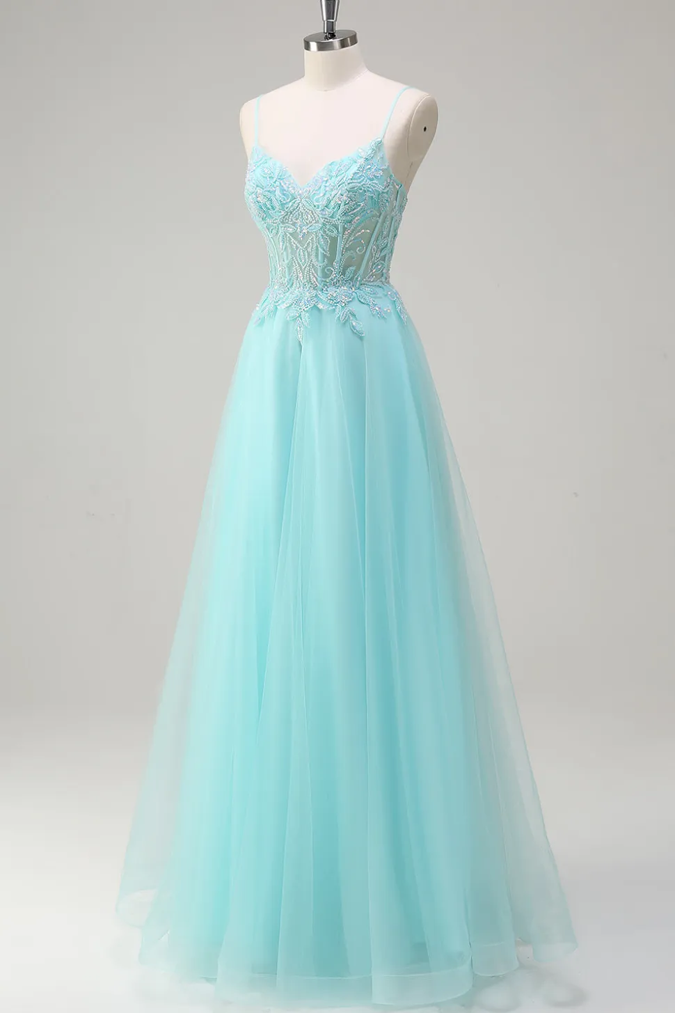 Sky Blue Espaghetti Correias Frisado A-Line Prom Dress com Appliques