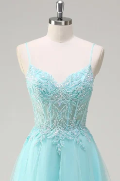 Sky Blue Espaghetti Correias Frisado A-Line Prom Dress com Appliques