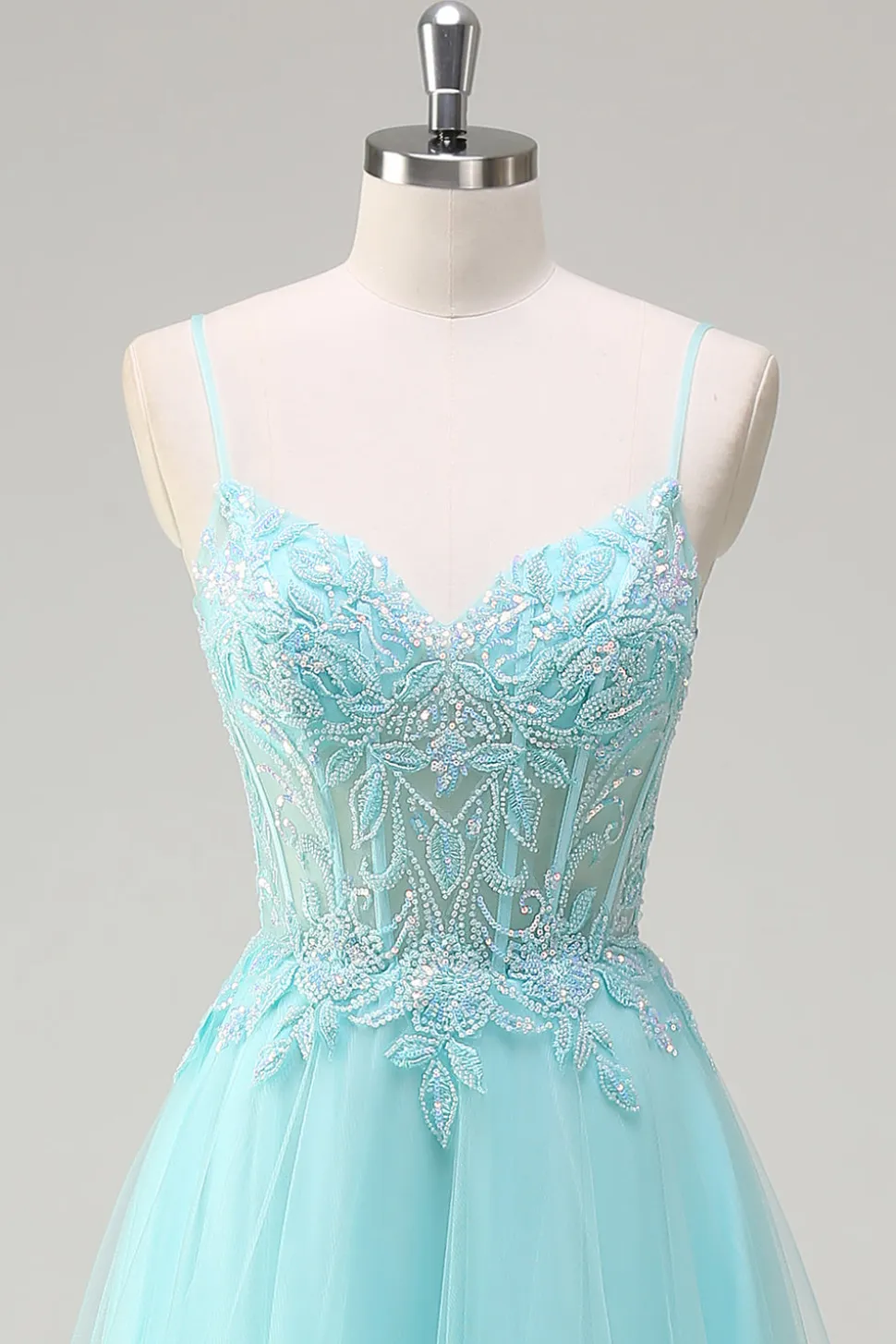 Sky Blue Espaghetti Correias Frisado A-Line Prom Dress com Appliques
