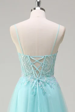 Sky Blue Espaghetti Correias Frisado A-Line Prom Dress com Appliques