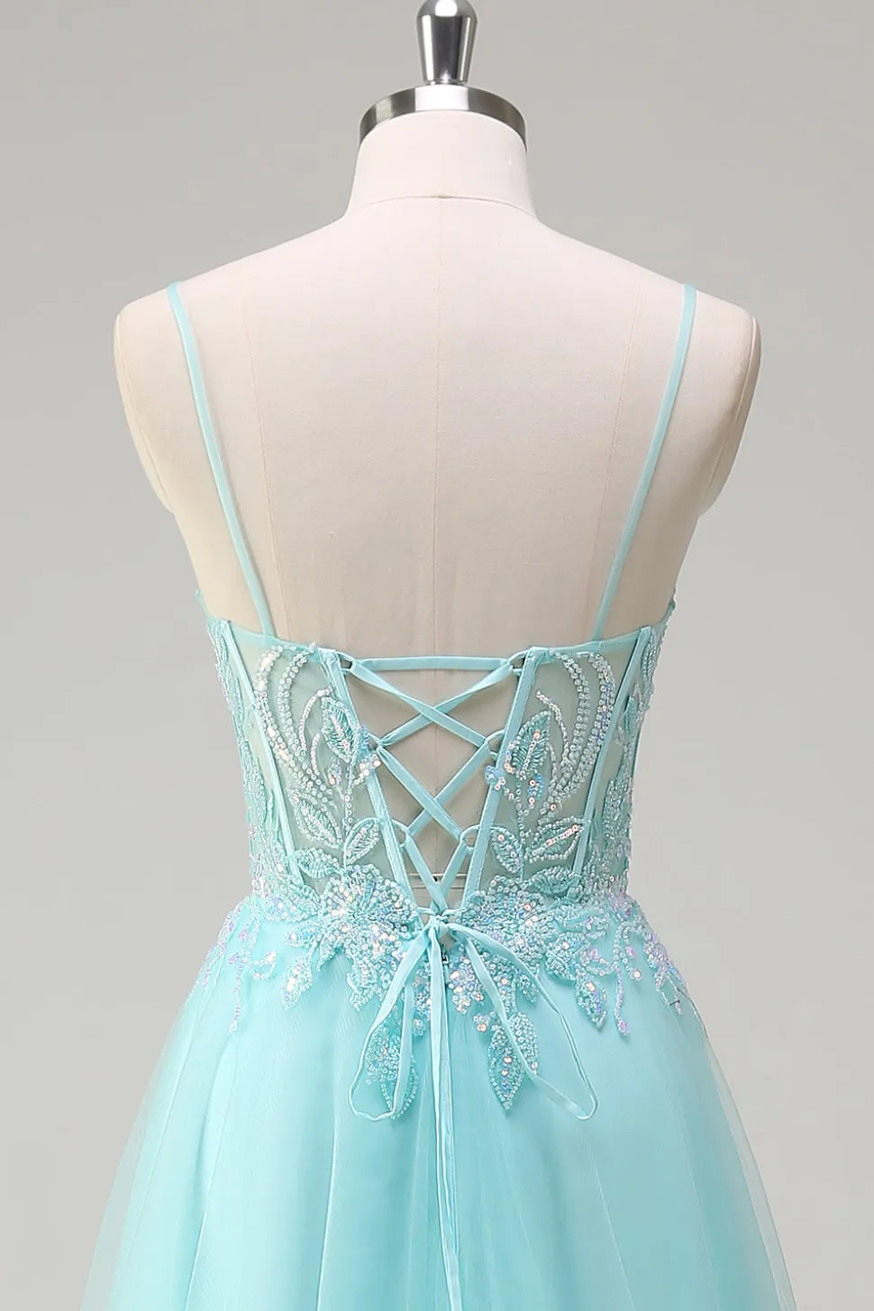 Sky Blue Espaghetti Correias Frisado A-Line Prom Dress com Appliques