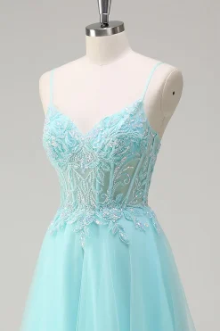 Sky Blue Espaghetti Correias Frisado A-Line Prom Dress com Appliques