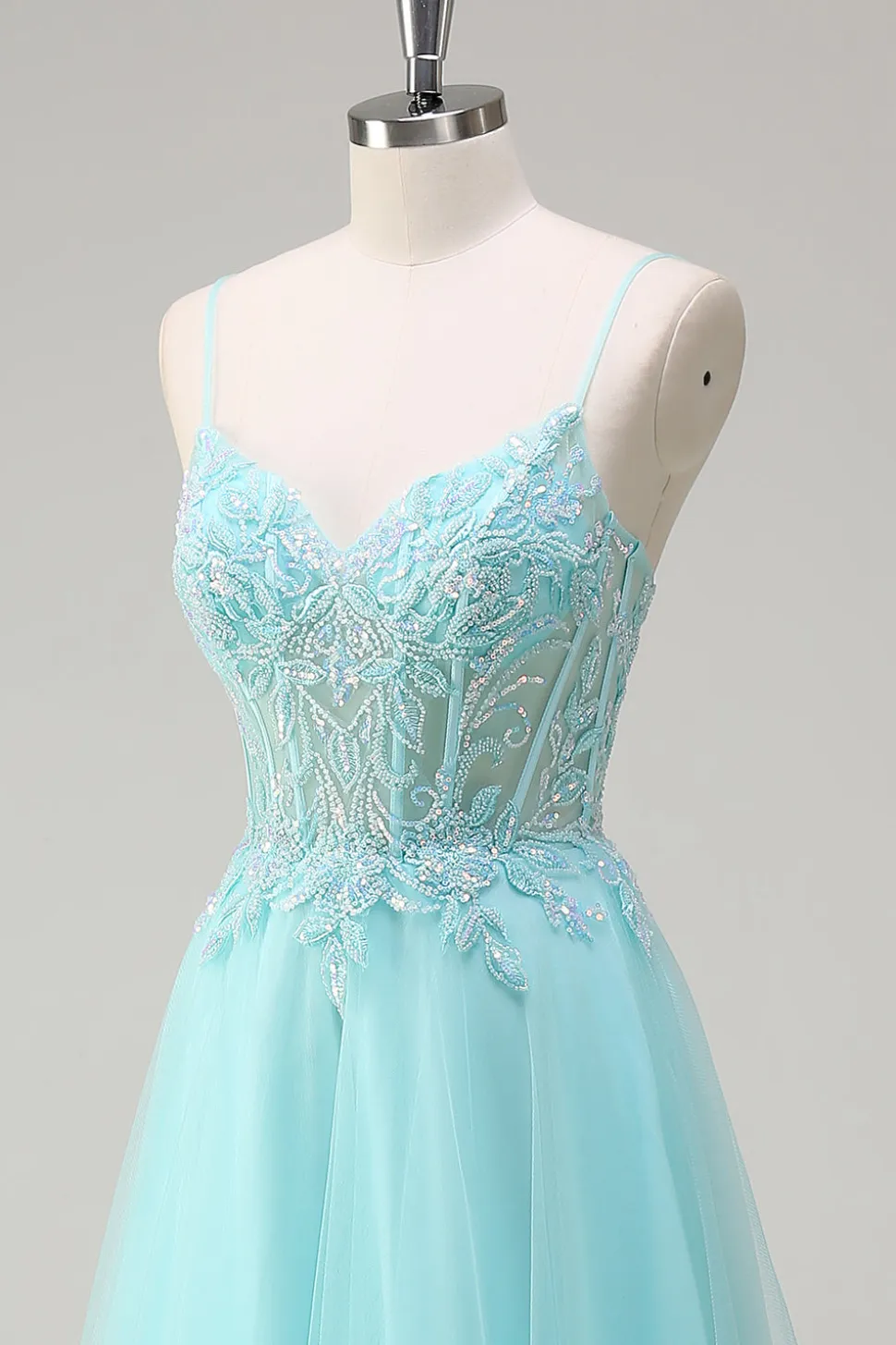 Sky Blue Espaghetti Correias Frisado A-Line Prom Dress com Appliques