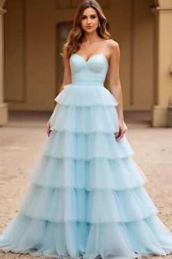 Sky Blue Espaghetti Correias Tiered Long Tulle Prom Dress