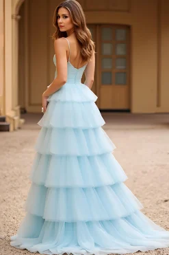 Sky Blue Espaghetti Correias Tiered Long Tulle Prom Dress
