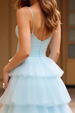 Sky Blue Espaghetti Correias Tiered Long Tulle Prom Dress