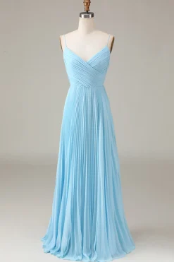 Sky Blue Espaghetti Correias V-neck A-line plissado Chiffon vestido de dama de honra