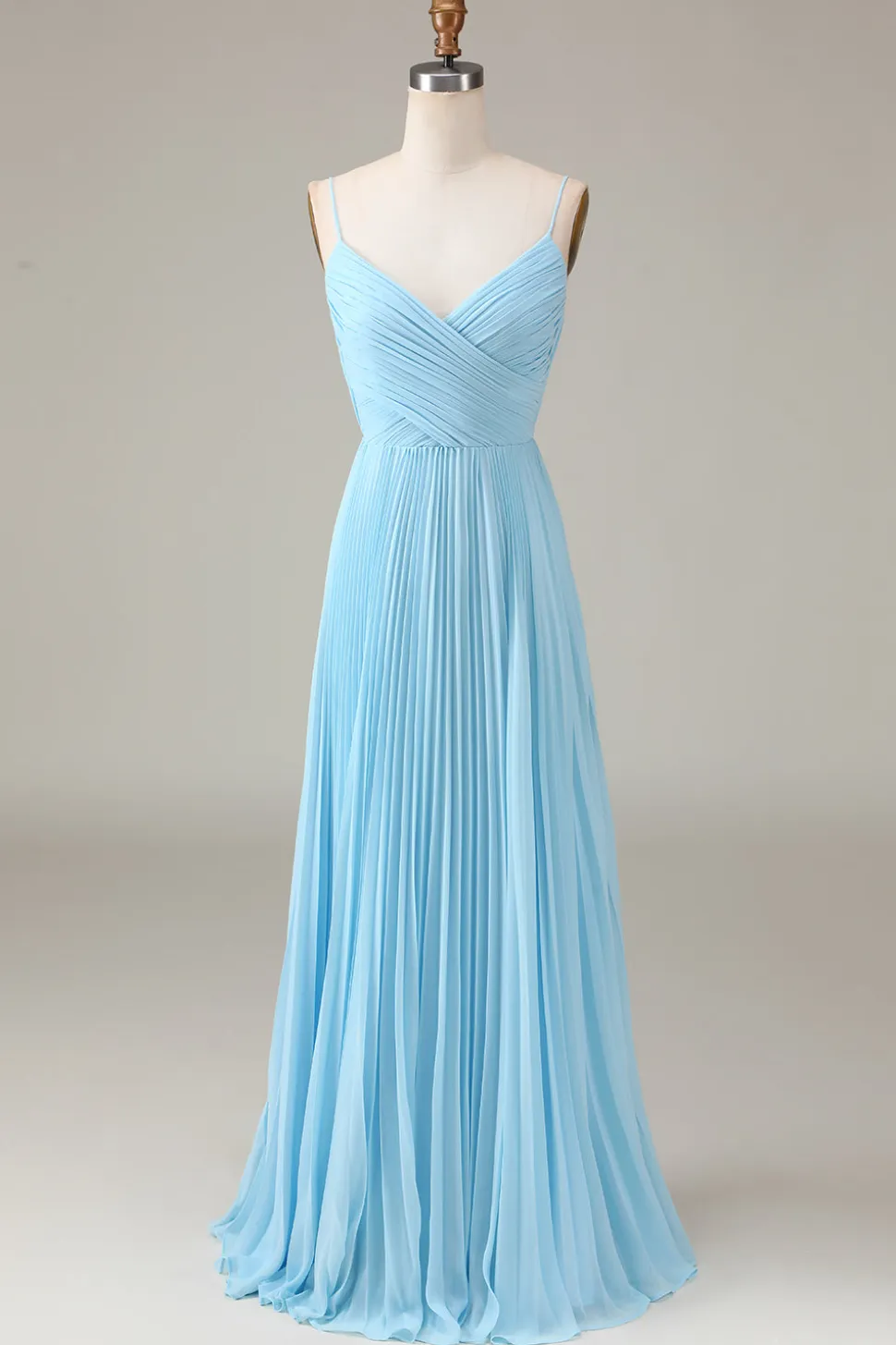 Sky Blue Espaghetti Correias V-neck A-line plissado Chiffon vestido de dama de honra