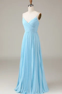 Sky Blue Espaghetti Correias V-neck A-line plissado Chiffon vestido de dama de honra