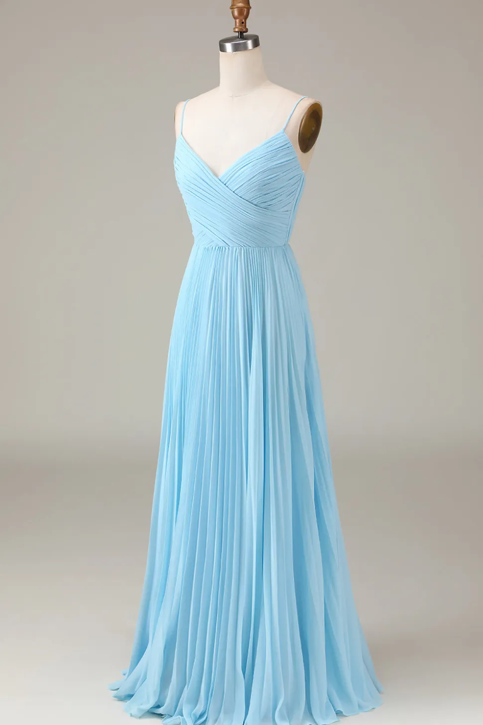 Sky Blue Espaghetti Correias V-neck A-line plissado Chiffon vestido de dama de honra