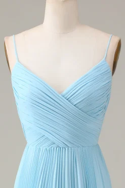 Sky Blue Espaghetti Correias V-neck A-line plissado Chiffon vestido de dama de honra