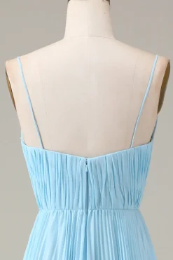 Sky Blue Espaghetti Correias V-neck A-line plissado Chiffon vestido de dama de honra