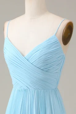 Sky Blue Espaghetti Correias V-neck A-line plissado Chiffon vestido de dama de honra