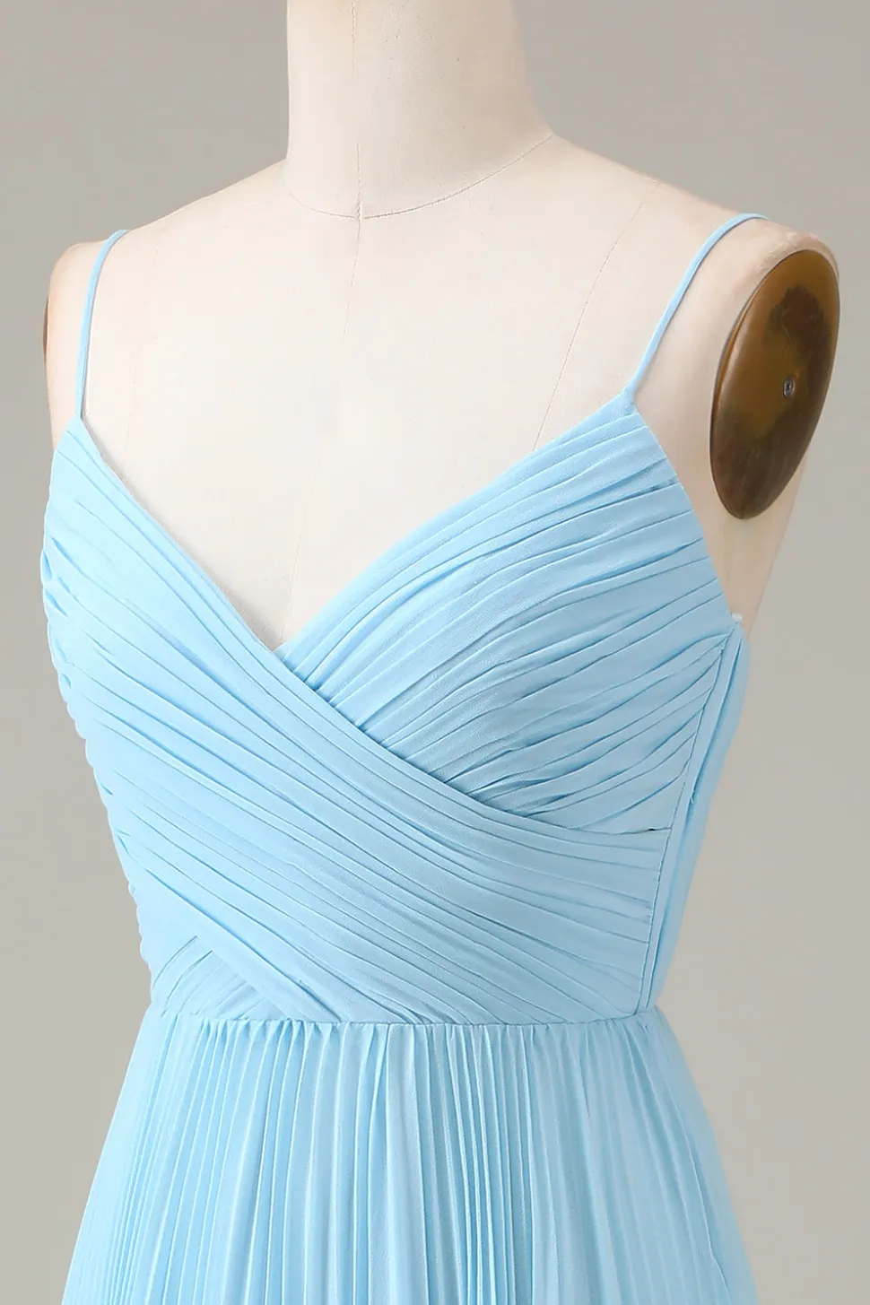Sky Blue Espaghetti Correias V-neck A-line plissado Chiffon vestido de dama de honra
