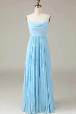Sky Blue Espaghetti Correias Cowl Neck Plissado Aberto Costas A-line Chiffon Vestido Madrinha