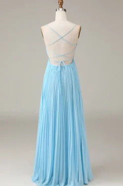Sky Blue Espaghetti Correias Cowl Neck Plissado Aberto Costas A-line Chiffon Vestido Madrinha