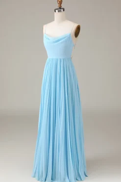 Sky Blue Espaghetti Correias Cowl Neck Plissado Aberto Costas A-line Chiffon Vestido Madrinha