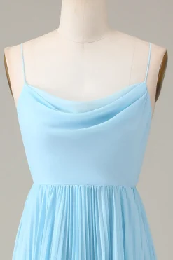 Sky Blue Espaghetti Correias Cowl Neck Plissado Aberto Costas A-line Chiffon Vestido Madrinha
