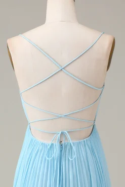 Sky Blue Espaghetti Correias Cowl Neck Plissado Aberto Costas A-line Chiffon Vestido Madrinha