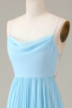 Sky Blue Espaghetti Correias Cowl Neck Plissado Aberto Costas A-line Chiffon Vestido Madrinha